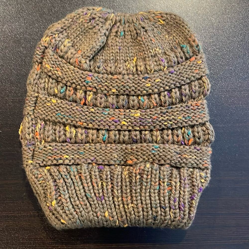 New  Confetti Beanietail Ponytail Messy Bun Ribbed Beanie Hat Cap Elastic